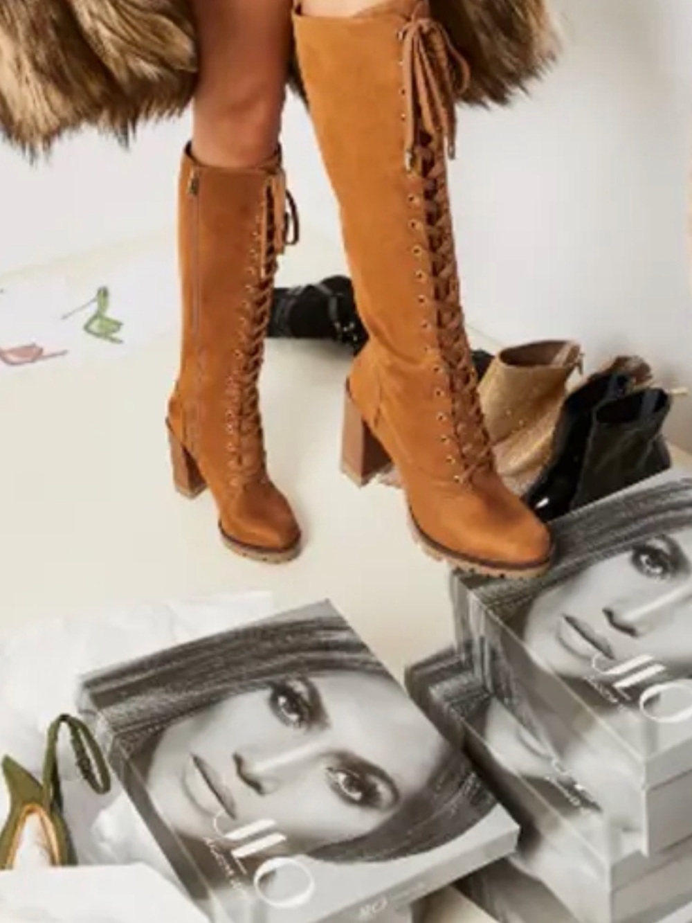Tall Lace-Up faux Suede Heeled Boots in Cognac by JLo Jennifer Lopez